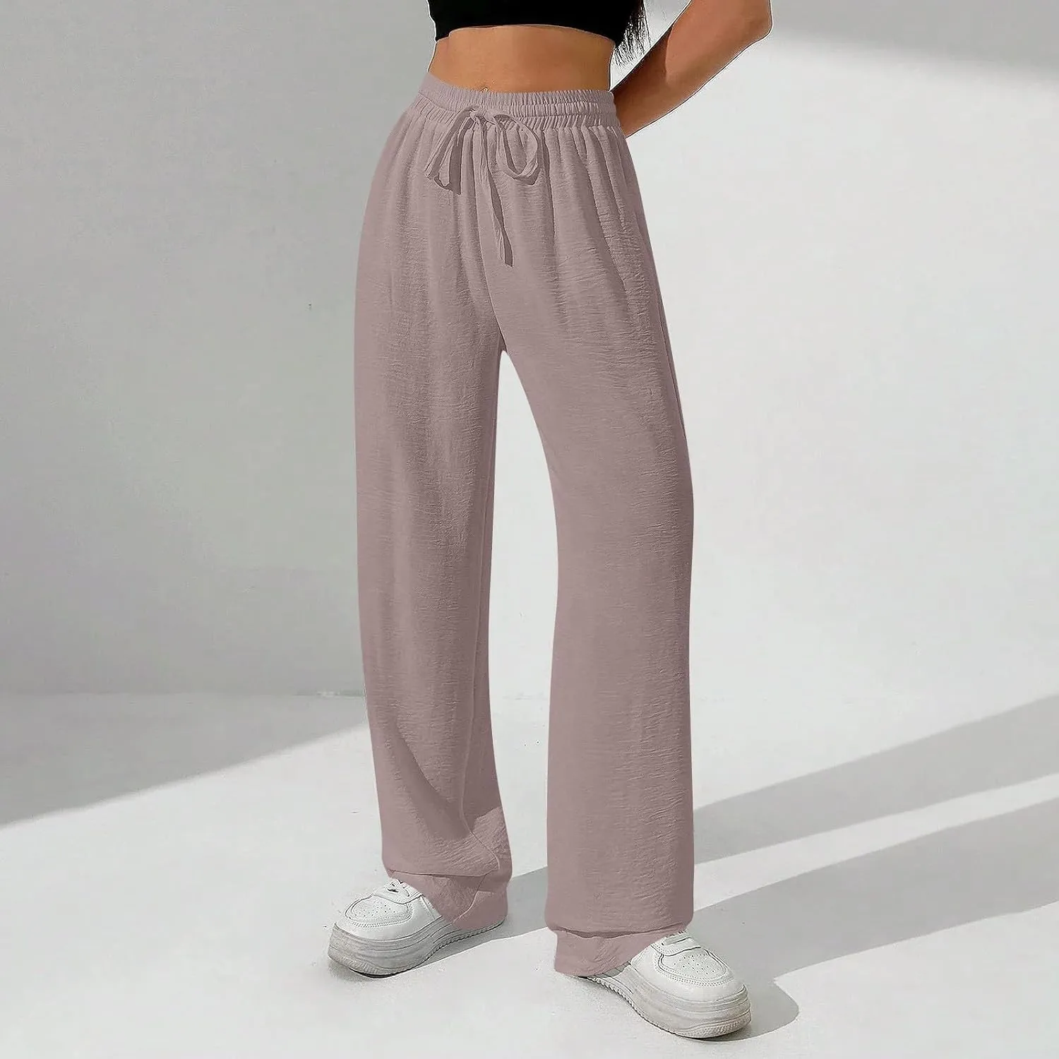 NBXNZWF Women's Cotton-Linen Pants Wide Leg Drawstring High Waist Casual Trousers Lounge Pant with Pockets Beach Outfits