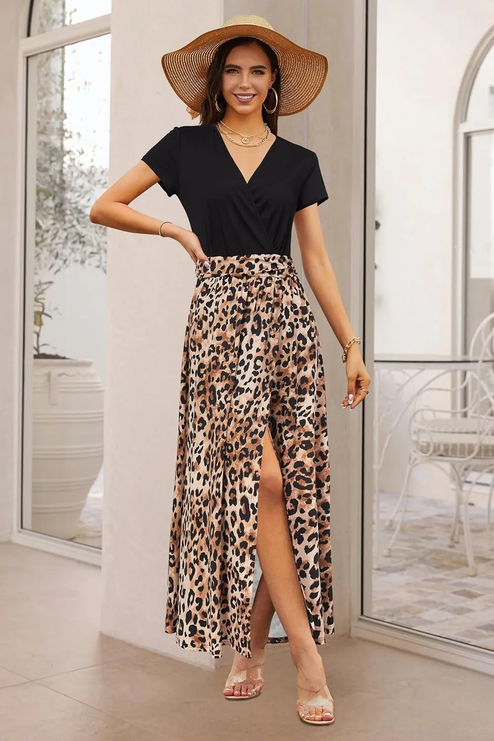 Newshows Women 2025 Summer Dress Casual Vacation Short Sleeve V Neck Spring Boho Split Beach Flowy Sundress Trendy