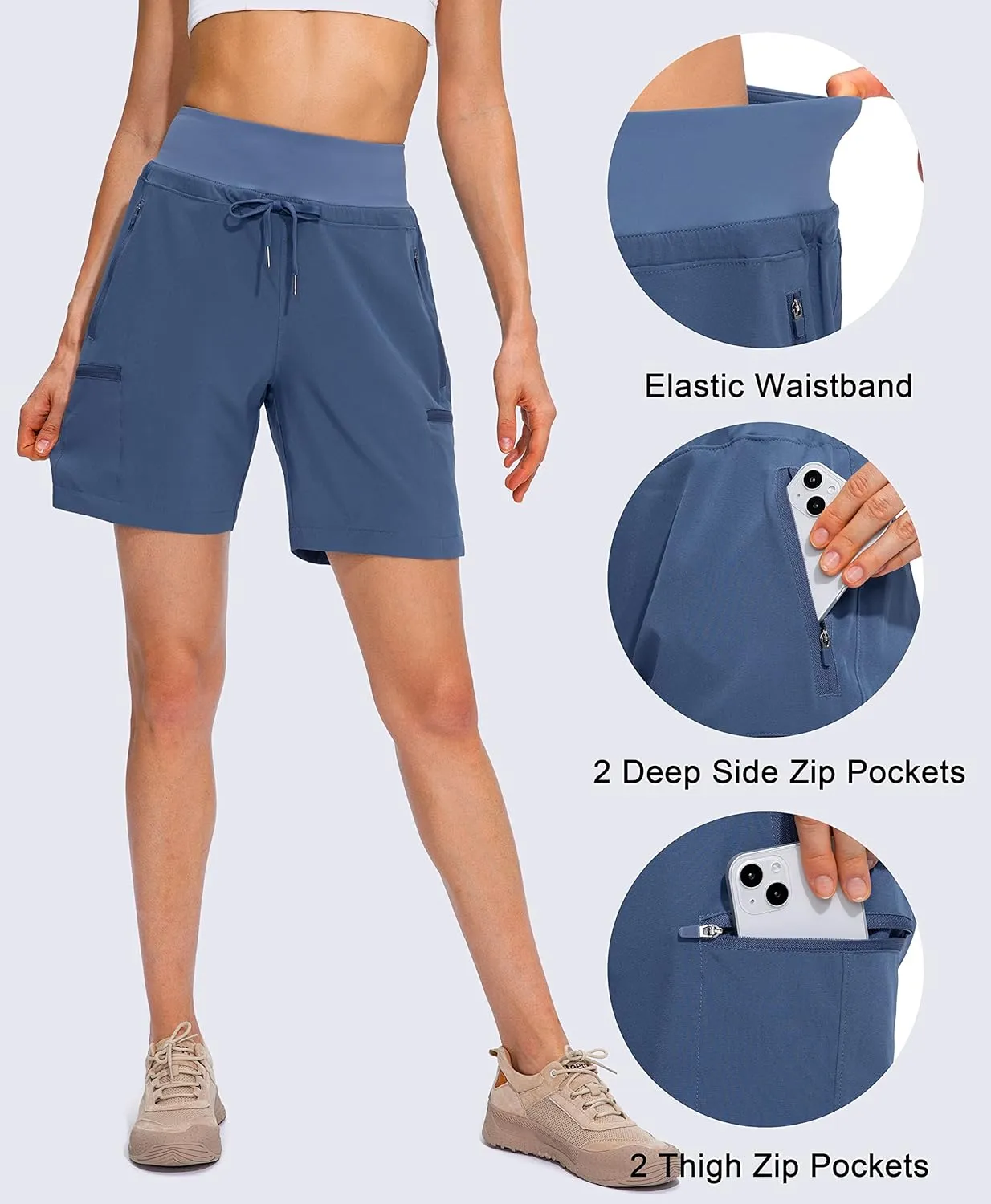 Obla Women's Hiking Cargo Shorts Zipper Pockets Soft High Waisted Quick Dry 7 Inch Long Shorts for Women Golf Athletic Summer