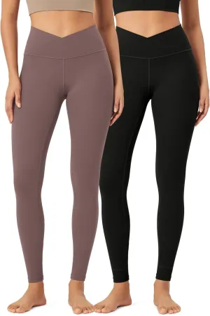 ODODOS 2 Pack Buttery Soft Cross Waist Leggings for Women, ODCLOUD 25" / 28" Crossover Lounge Yoga Pants