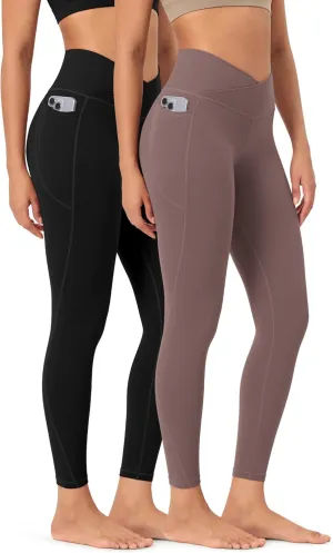 ODODOS 2 Pack Buttery Soft Cross Waist Leggings with Pockets for Women, ODCLOUD 25" / 28" Crossover Lounge Yoga Pants
