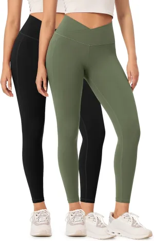 ODODOS 2 Pack Buttery Soft Cross Waist Leggings with Pockets for Women, ODCLOUD 25" / 28" Crossover Lounge Yoga Pants