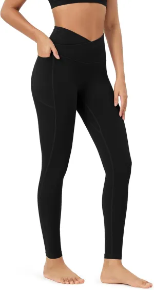 ODODOS Cloud Feeling Gathered Cross Waist Leggings with Pockets for Women 25" / 28" Crossover Lounge Yoga Pants