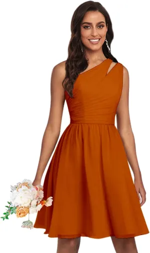 One Shoulder Bridesmaid Dresses Short Chiffon A-line Above Knee Formal Wedding Guest Dress with Pockets