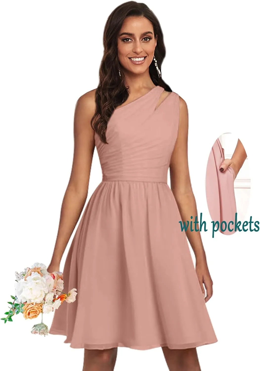 One Shoulder Bridesmaid Dresses Short Chiffon A-line Above Knee Formal Wedding Guest Dress with Pockets