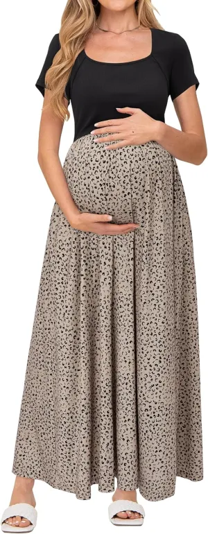 OUGES Womens 2024 Summer Maternity Maxi Dress for Photoshoot Short Sleeve Baby Shower Casual Long Dress with Pockets