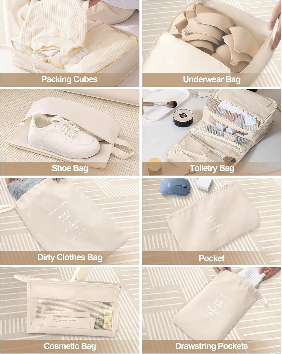 Packing Cubes 10 PCS, Mesh Breathable Luggage Organizers Bags, Packing Organizers, Durable Travel Essentials Bags Set, Travel Packing Organizers, Beige