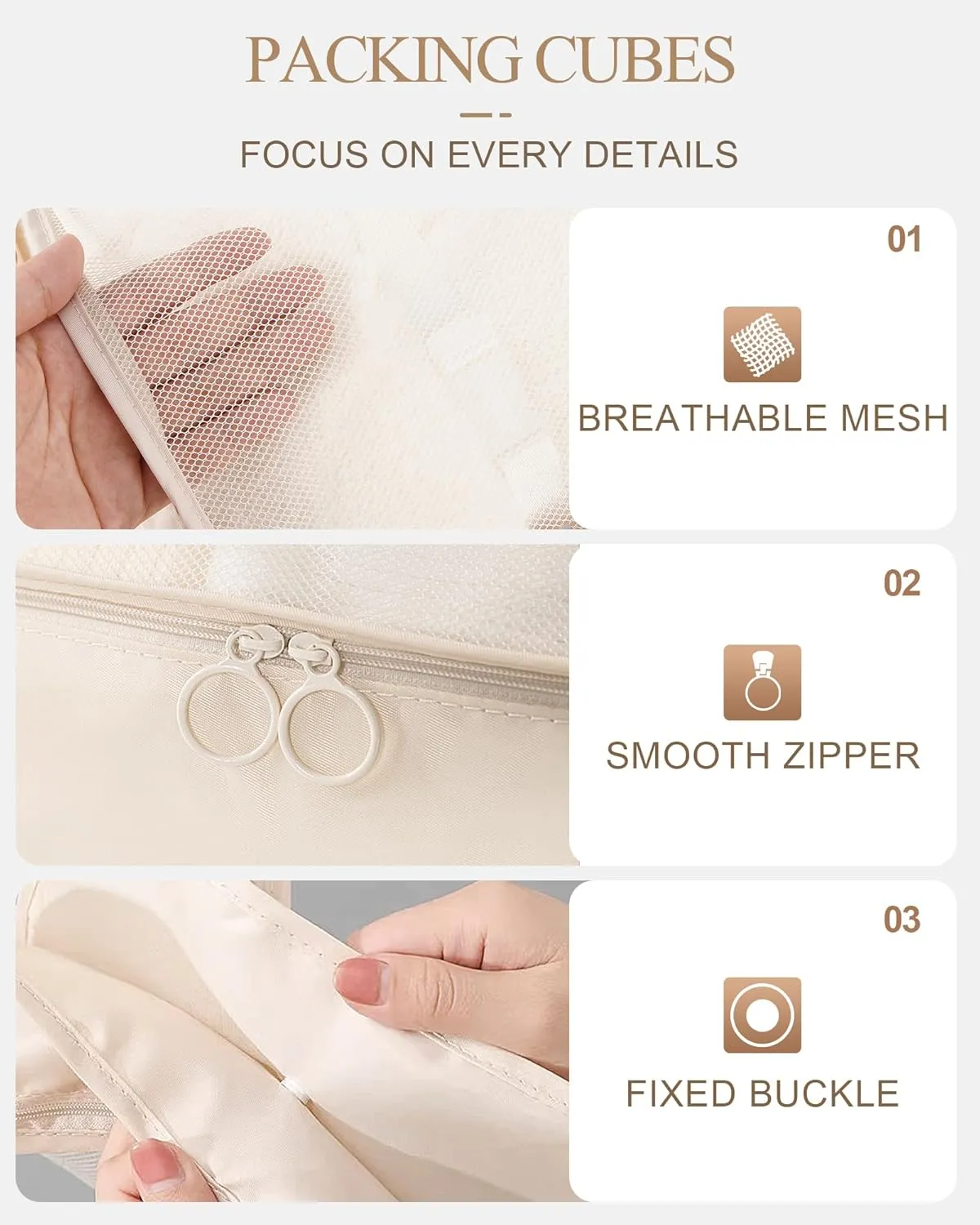 Packing Cubes 10 PCS, Mesh Breathable Luggage Organizers Bags, Packing Organizers, Durable Travel Essentials Bags Set, Travel Packing Organizers, Beige