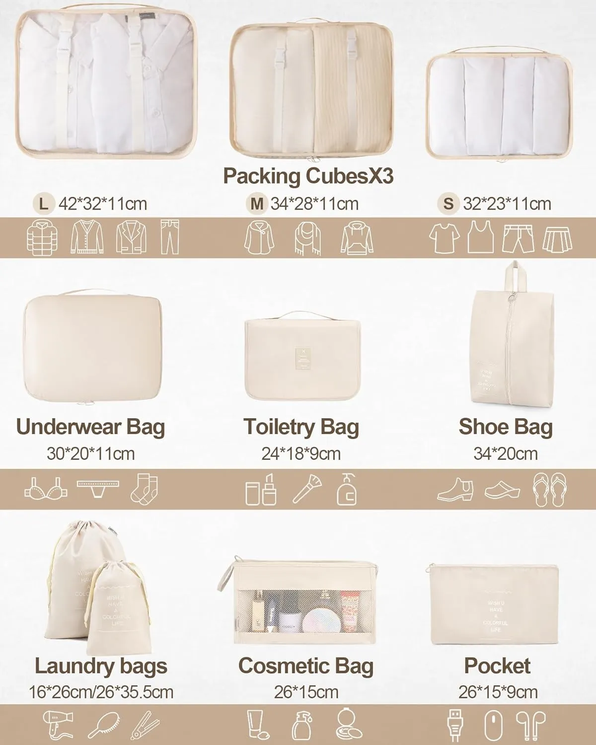 Packing Cubes 10 PCS, Mesh Breathable Luggage Organizers Bags, Packing Organizers, Durable Travel Essentials Bags Set, Travel Packing Organizers, Beige