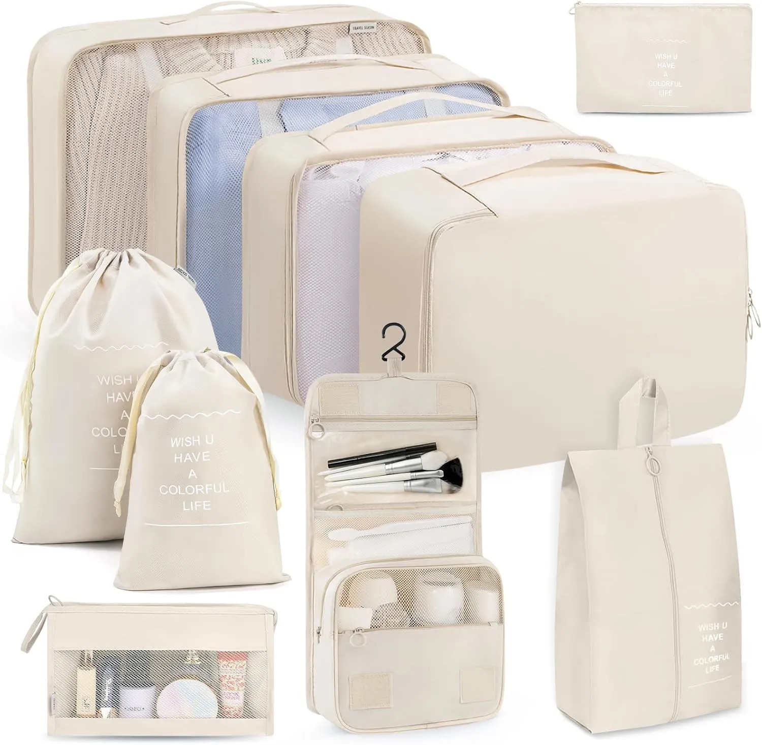 Packing Cubes 10 PCS, Mesh Breathable Luggage Organizers Bags, Packing Organizers, Durable Travel Essentials Bags Set, Travel Packing Organizers, Beige