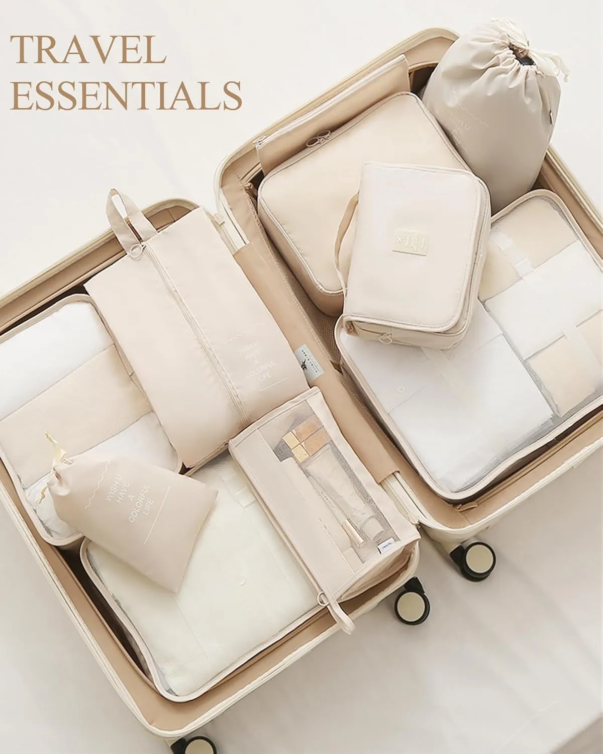 Packing Cubes 10 PCS, Mesh Breathable Luggage Organizers Bags, Packing Organizers, Durable Travel Essentials Bags Set, Travel Packing Organizers, Beige