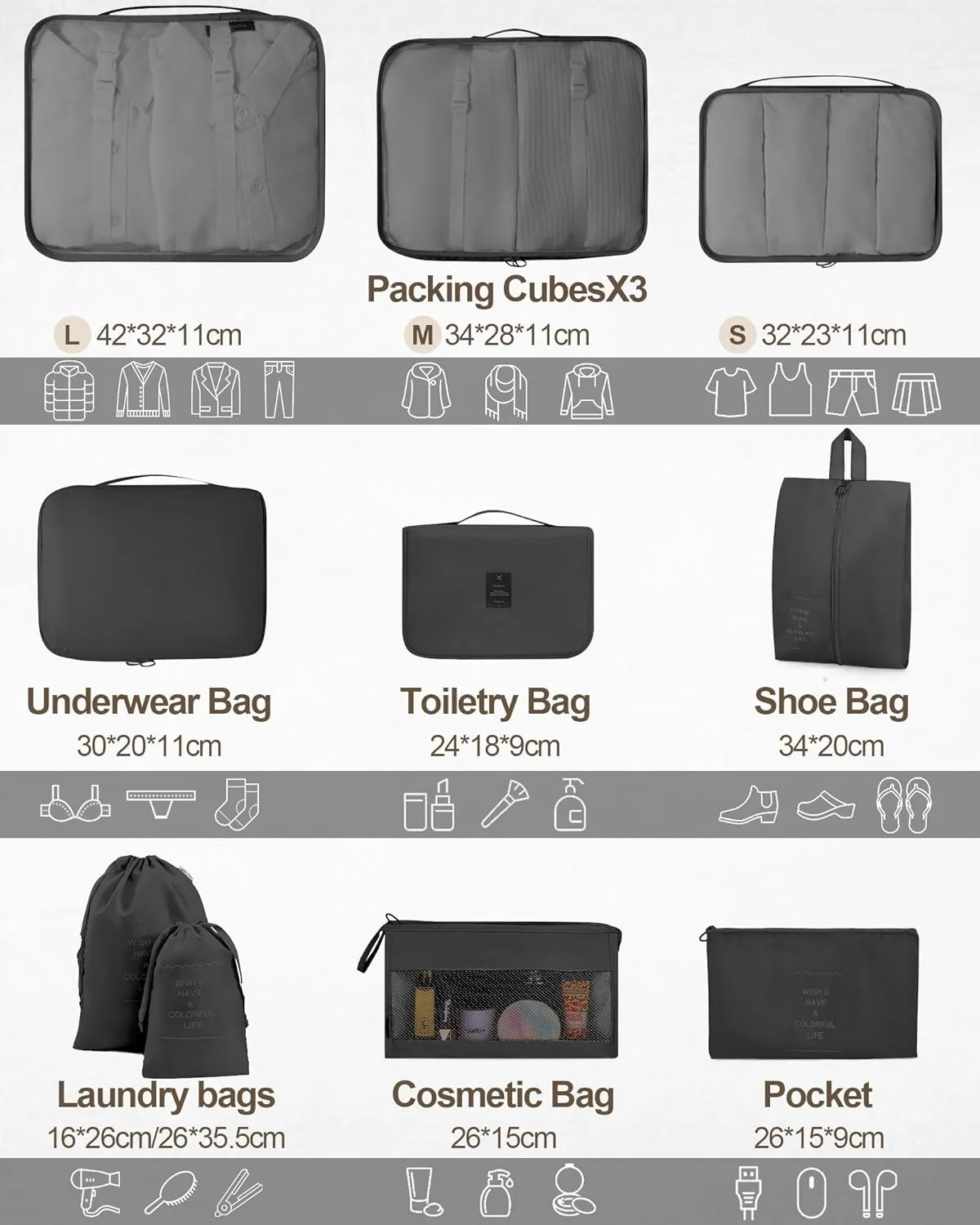 Packing Cubes 10 PCS, Mesh Breathable Luggage Organizers Bags, Packing Organizers, Durable Travel Essentials Bags Set, Travel Packing Organizers, Black