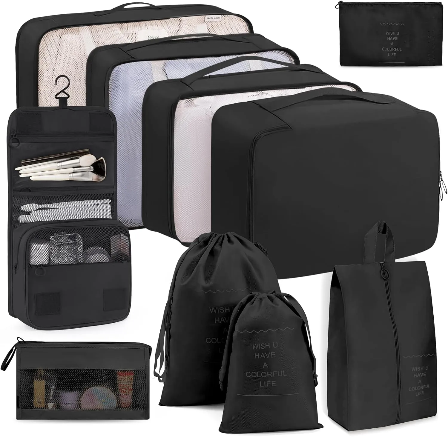 Packing Cubes 10 PCS, Mesh Breathable Luggage Organizers Bags, Packing Organizers, Durable Travel Essentials Bags Set, Travel Packing Organizers, Black