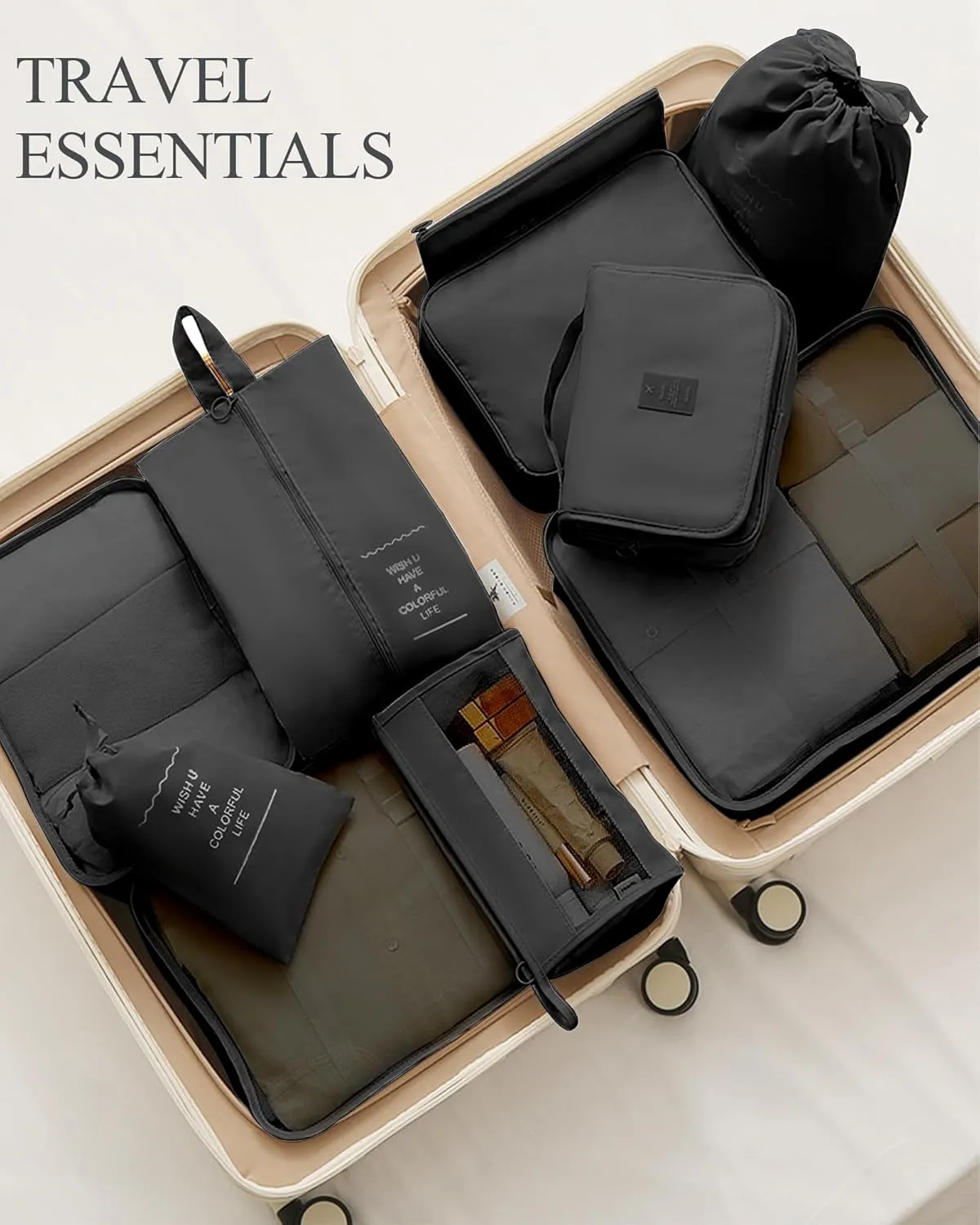 Packing Cubes 10 PCS, Mesh Breathable Luggage Organizers Bags, Packing Organizers, Durable Travel Essentials Bags Set, Travel Packing Organizers, Black