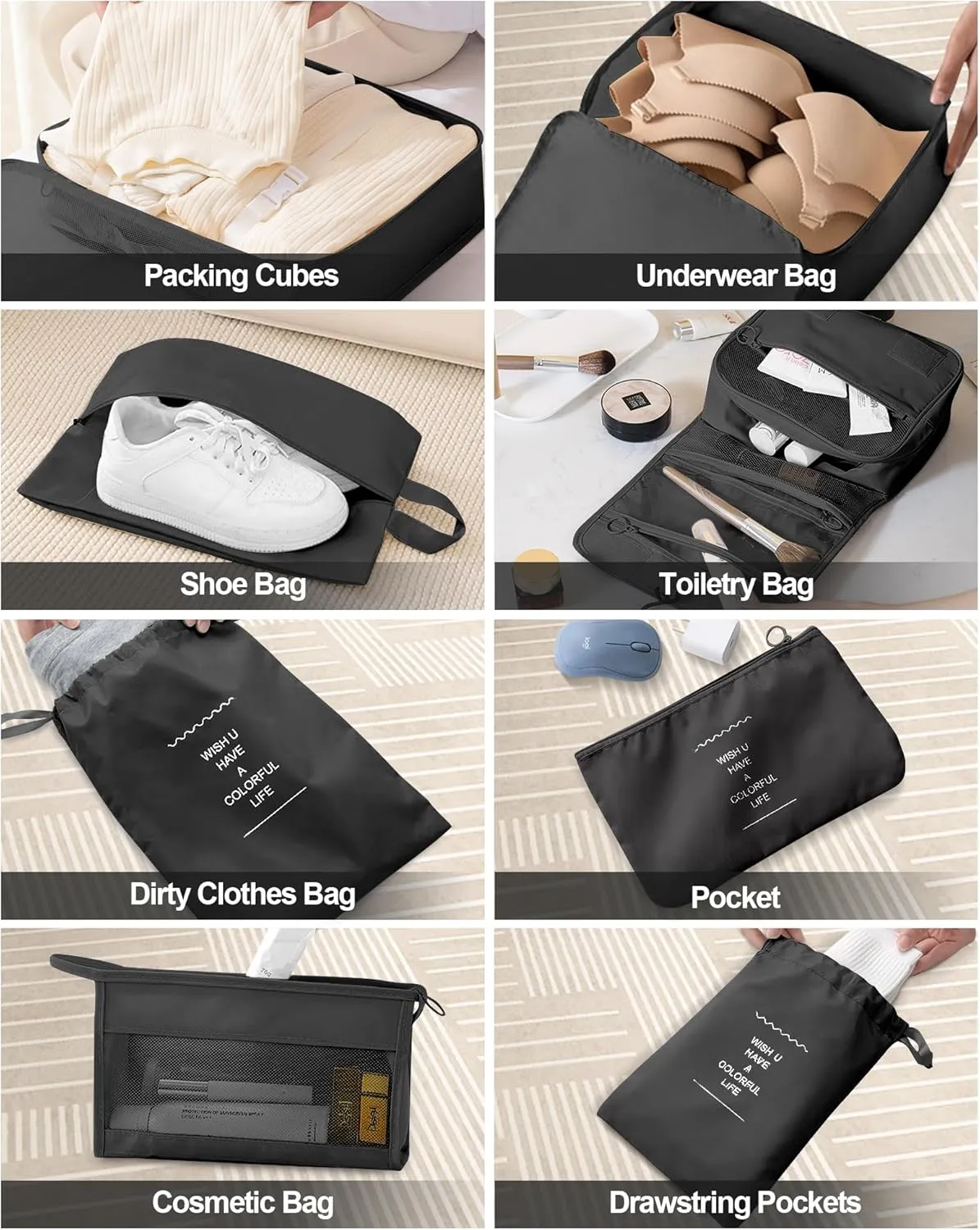 Packing Cubes 10 PCS, Mesh Breathable Luggage Organizers Bags, Packing Organizers, Durable Travel Essentials Bags Set, Travel Packing Organizers, Black