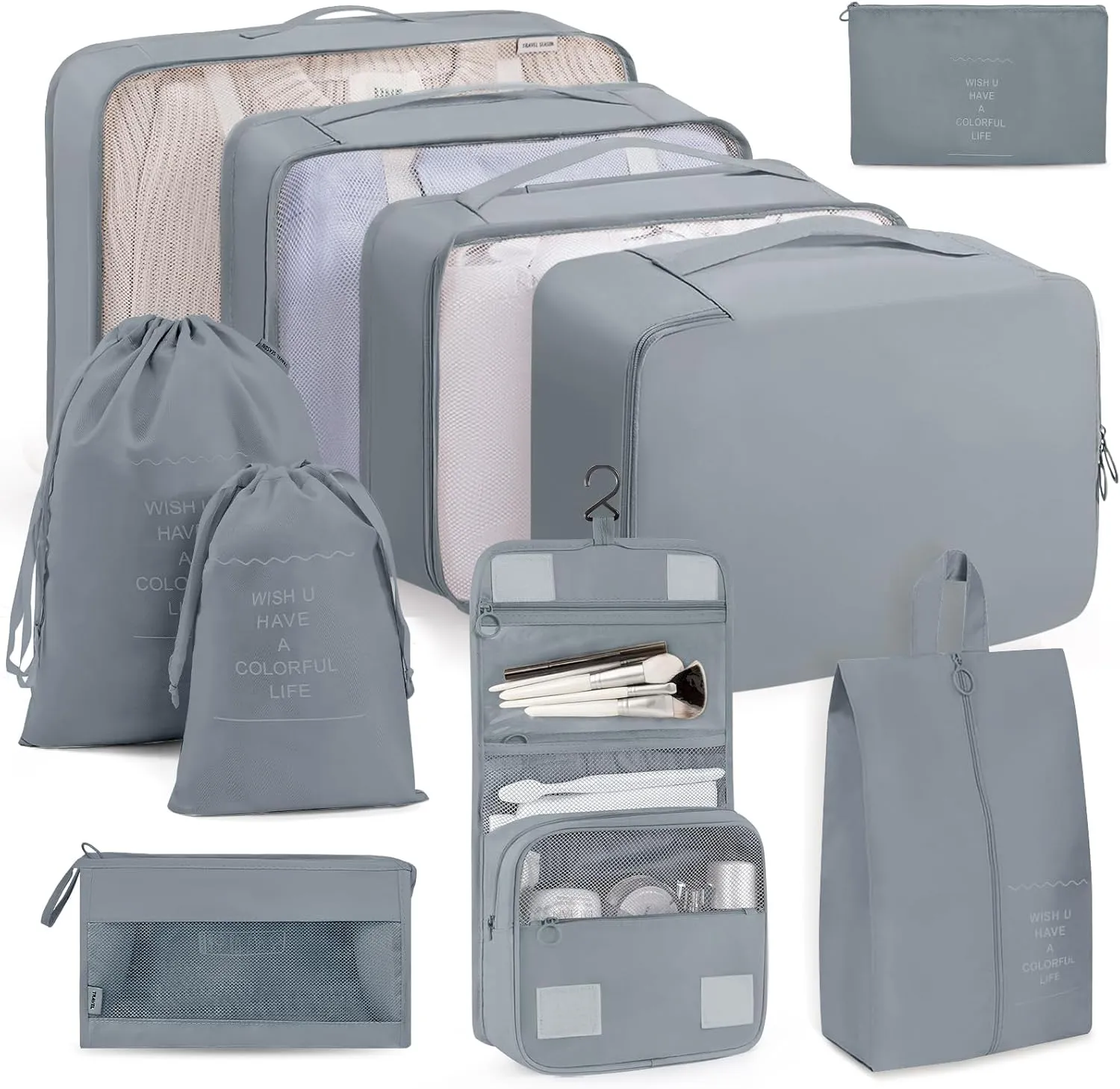 Packing Cubes 10 PCS, Mesh Breathable Luggage Organizers Bags, Packing Organizers, Durable Travel Essentials Bags Set, Travel Packing Organizers, Gray