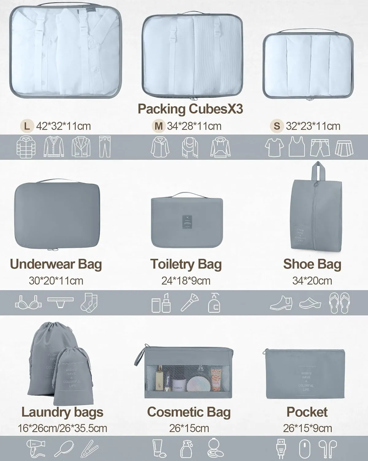 Packing Cubes 10 PCS, Mesh Breathable Luggage Organizers Bags, Packing Organizers, Durable Travel Essentials Bags Set, Travel Packing Organizers, Gray
