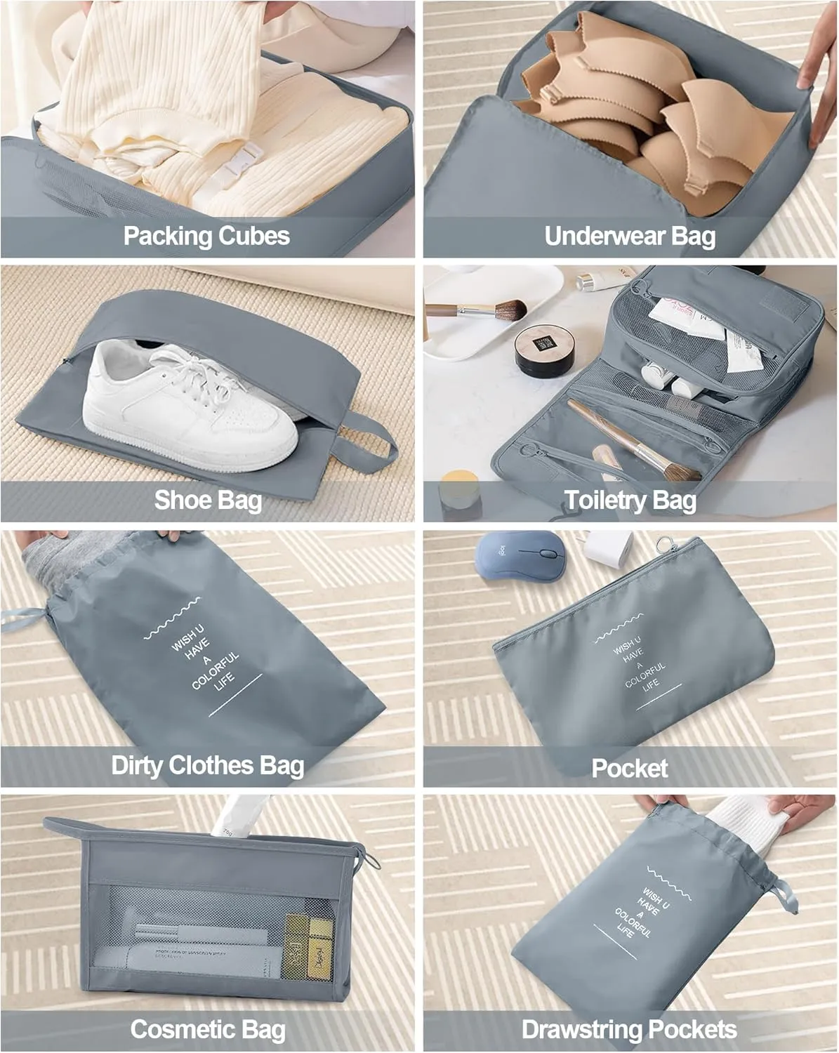 Packing Cubes 10 PCS, Mesh Breathable Luggage Organizers Bags, Packing Organizers, Durable Travel Essentials Bags Set, Travel Packing Organizers, Gray