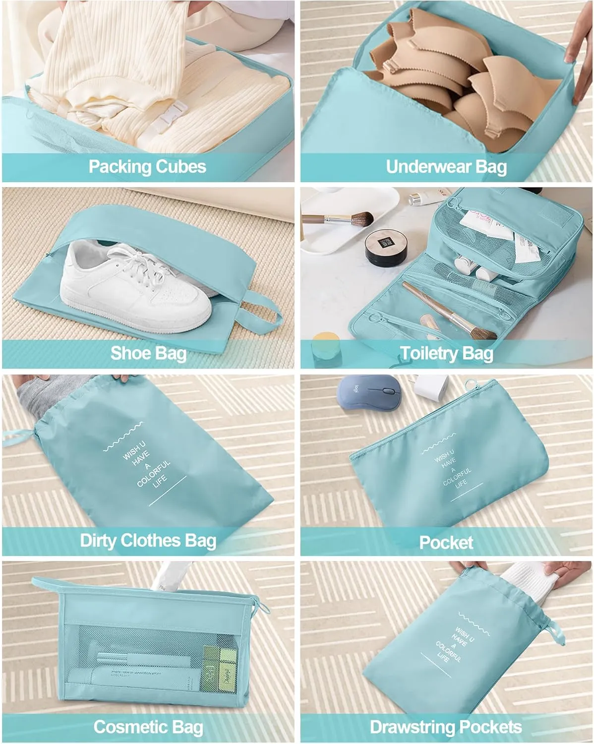 Packing Cubes 10 PCS, Mesh Breathable Luggage Organizers Bags, Packing Organizers, Durable Travel Essentials Bags Set, Travel Packing Organizers, Lake blue