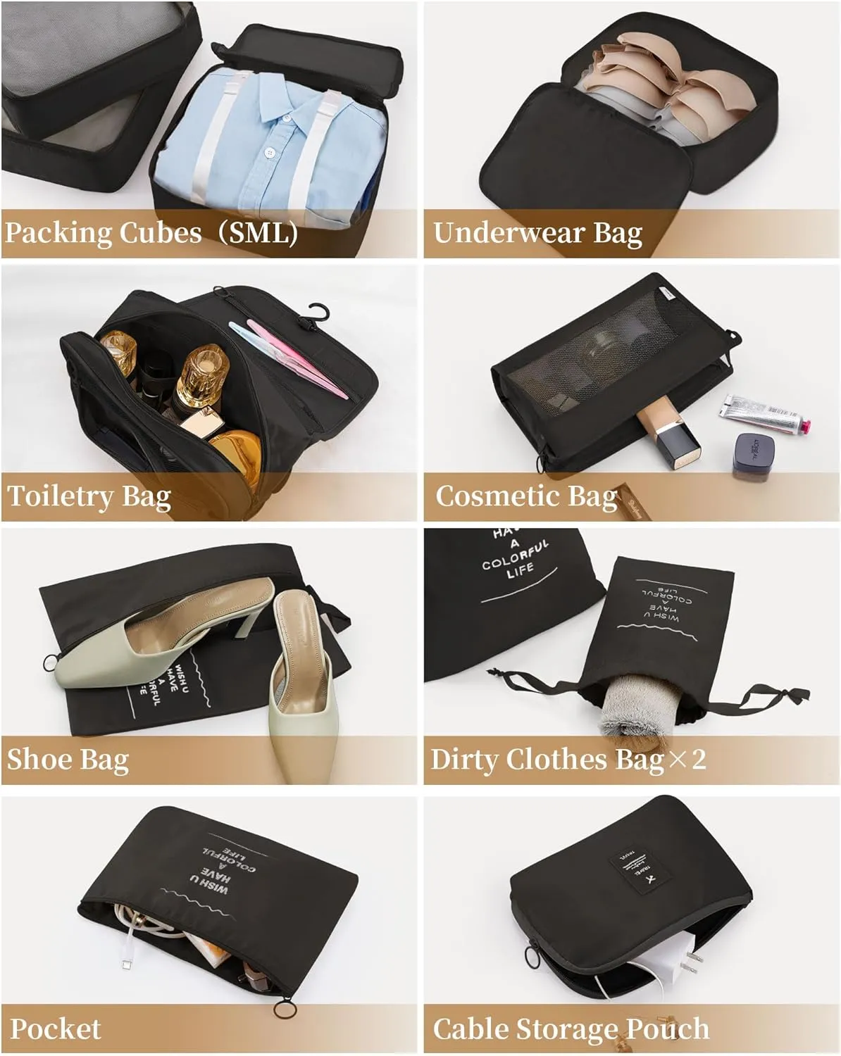 Packing Cubes 11 PCS, Mesh Breathable Luggage Organizers Bags, Packing Organizers, Durable Travel Essentials Bags Set, Travel Packing Organizers, Black
