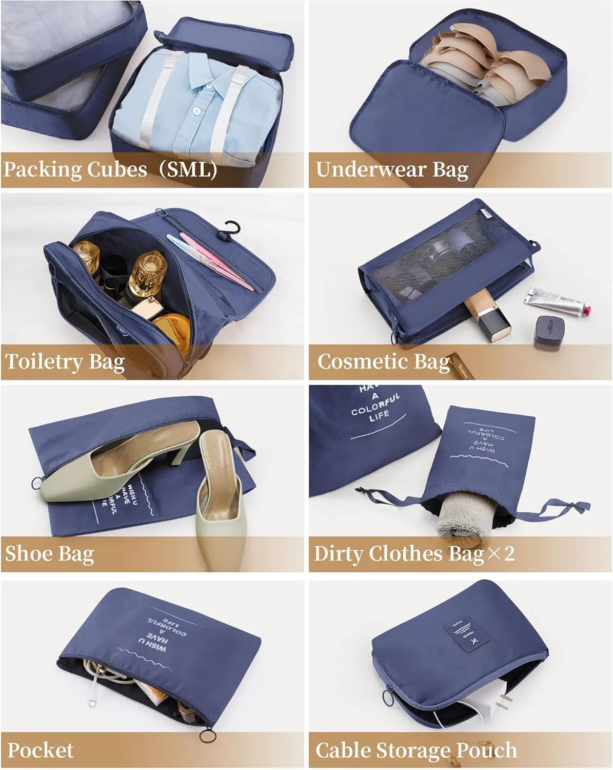 Packing Cubes 11 PCS, Mesh Breathable Luggage Organizers Bags, Packing Organizers, Durable Travel Essentials Bags Set, Travel Packing Organizers, Navy blue