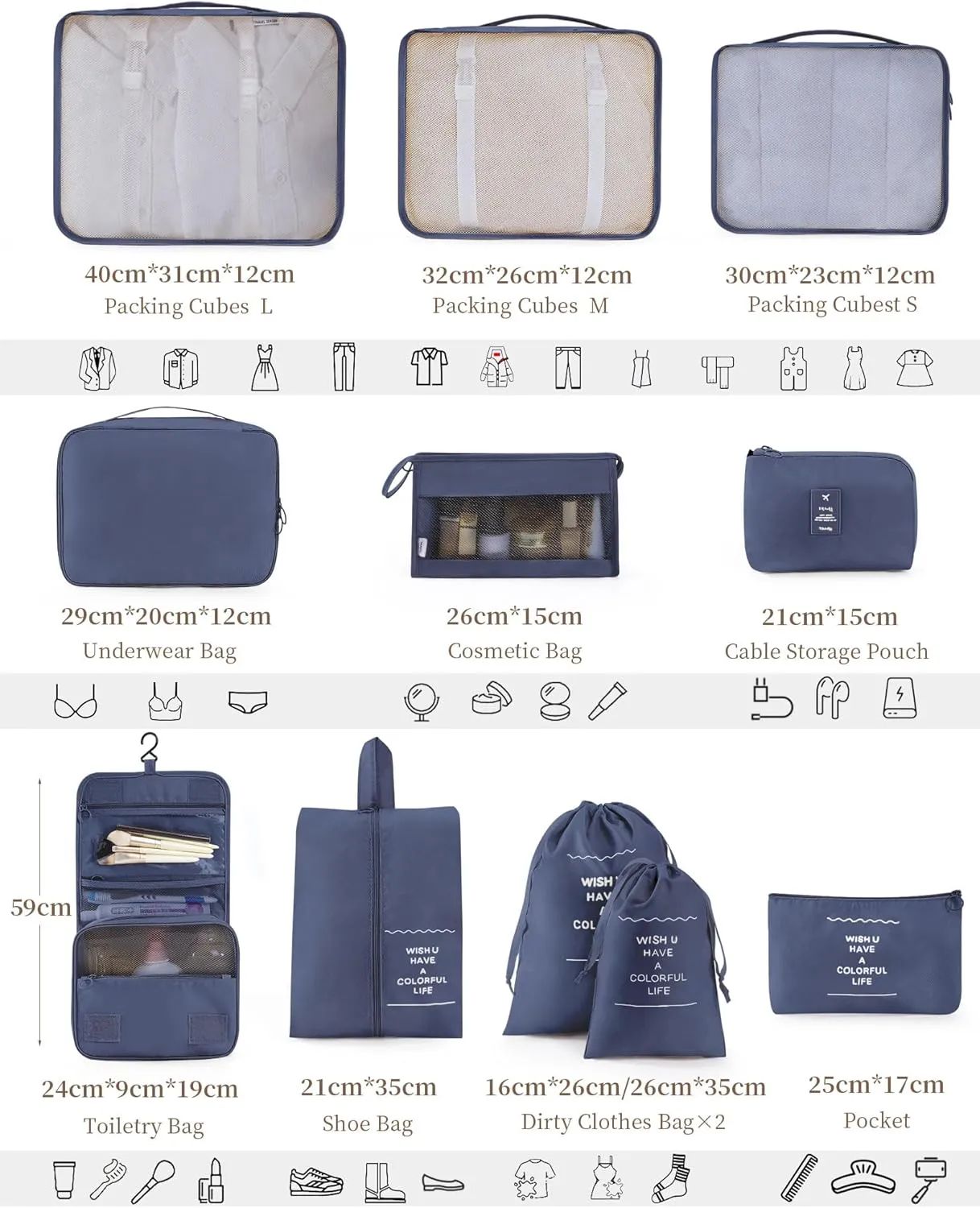 Packing Cubes 11 PCS, Mesh Breathable Luggage Organizers Bags, Packing Organizers, Durable Travel Essentials Bags Set, Travel Packing Organizers, Navy blue
