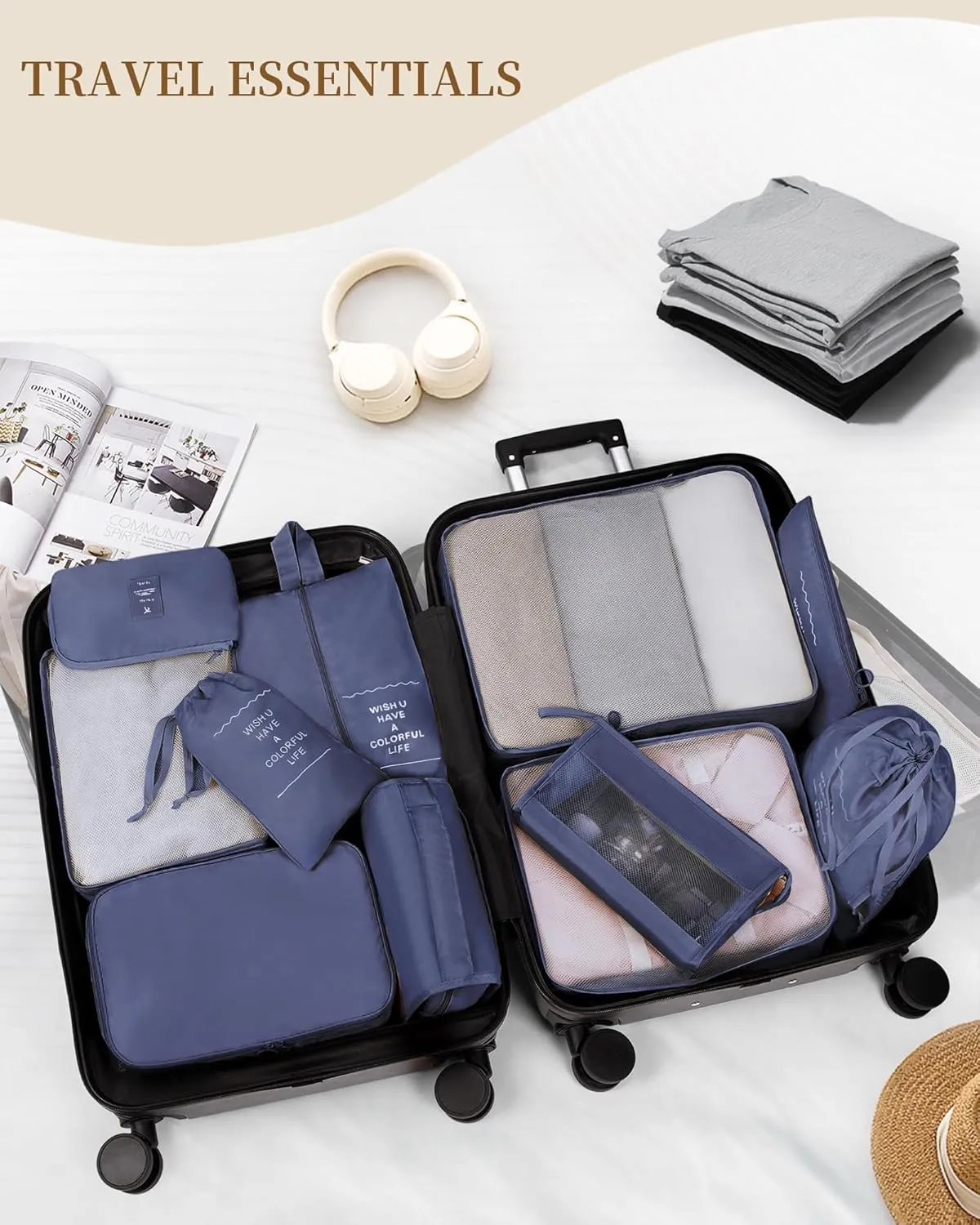 Packing Cubes 11 PCS, Mesh Breathable Luggage Organizers Bags, Packing Organizers, Durable Travel Essentials Bags Set, Travel Packing Organizers, Navy blue