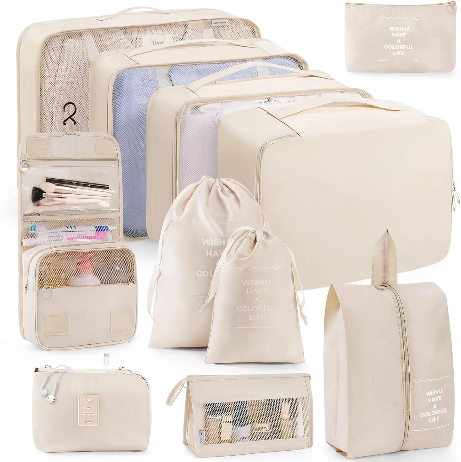 Packing Cubes 11 PCS, Mesh Breathable Luggage Organizers Bags, Packing Organizers, Durable Travel Essentials Bags Set, Travel Packing Organizers,Beige