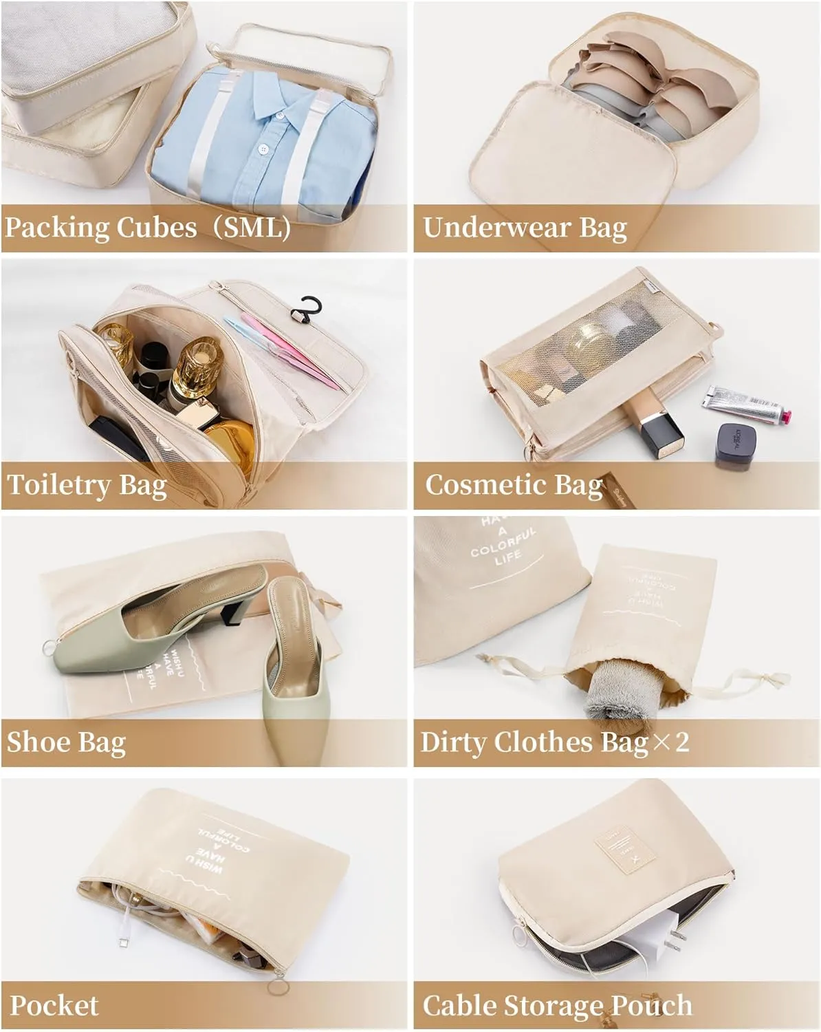 Packing Cubes 11 PCS, Mesh Breathable Luggage Organizers Bags, Packing Organizers, Durable Travel Essentials Bags Set, Travel Packing Organizers,Beige