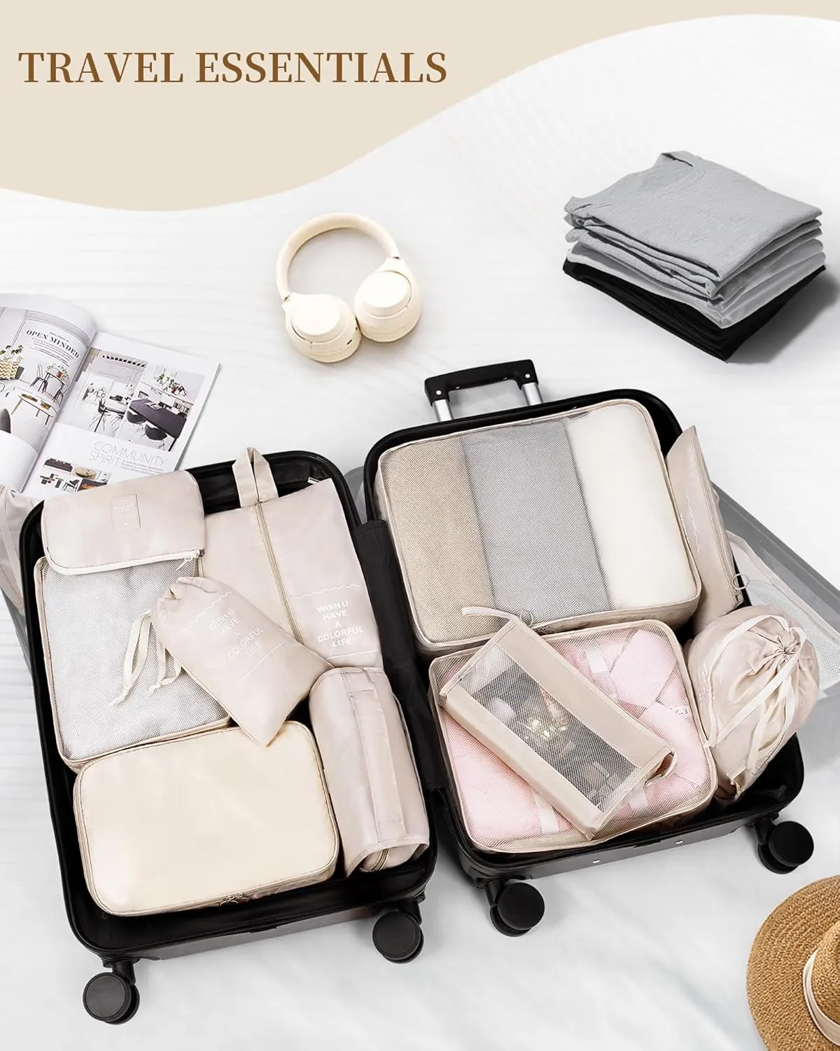 Packing Cubes 11 PCS, Mesh Breathable Luggage Organizers Bags, Packing Organizers, Durable Travel Essentials Bags Set, Travel Packing Organizers,Beige
