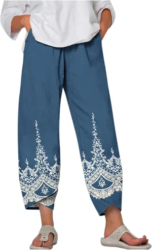 Palazzo Pants for Women Boho Summer Cotton Linen Harem Trousers Casual Wide Leg Elastic Waist Beach Lounge Pants