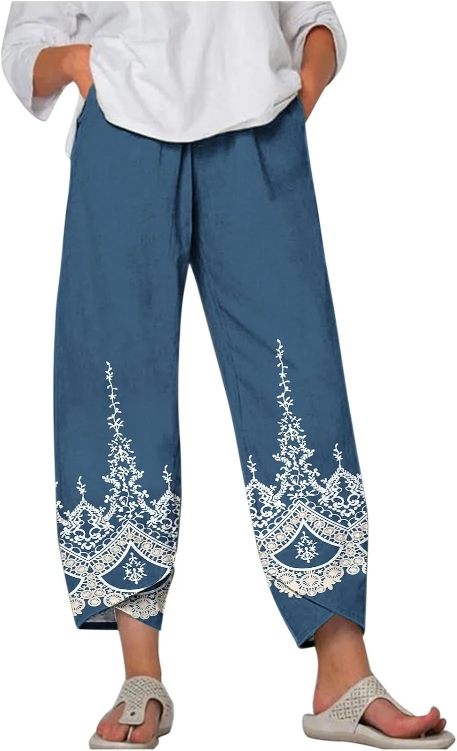 Palazzo Pants for Women Boho Summer Cotton Linen Harem Trousers Casual Wide Leg Elastic Waist Beach Lounge Pants