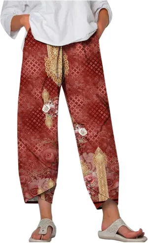 Palazzo Pants for Women Boho Summer Cotton Linen Harem Trousers Casual Wide Leg Elastic Waist Beach Lounge Pants