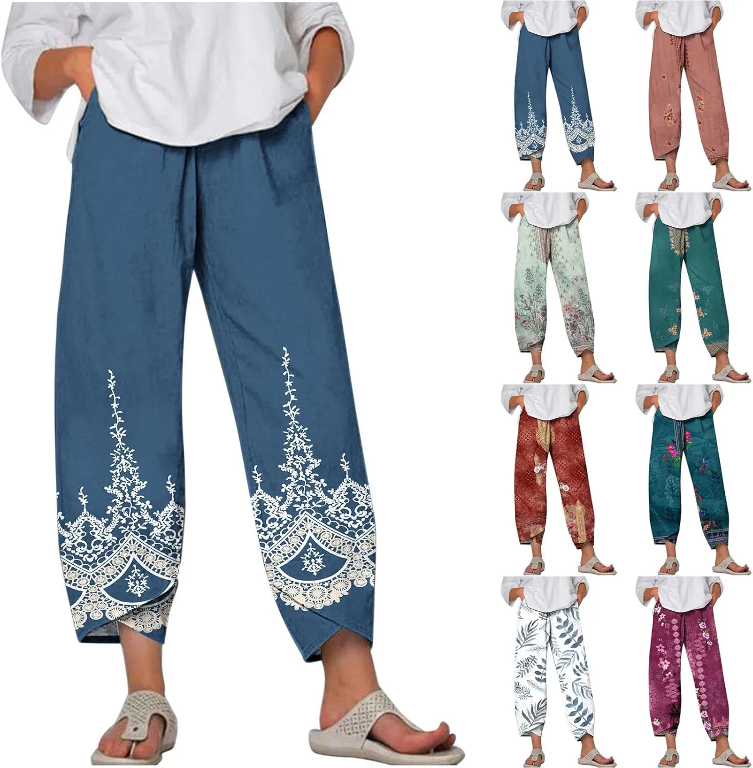 Palazzo Pants for Women Boho Summer Cotton Linen Harem Trousers Casual Wide Leg Elastic Waist Beach Lounge Pants