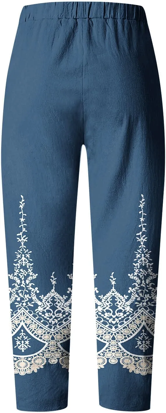 Palazzo Pants for Women Boho Summer Cotton Linen Harem Trousers Casual Wide Leg Elastic Waist Beach Lounge Pants