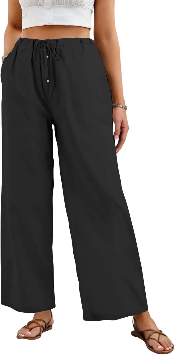 Palazzo Pants for Women Dressy Linen High Waisted Summer Loose Pants Drawstring Button Down Pocket Solid Baggy Trouser