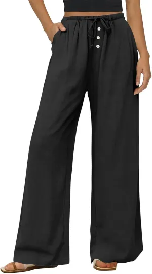 Palazzo Pants for Women Dressy Linen High Waisted Summer Loose Pants Drawstring Button Down Pocket Solid Baggy Trouser