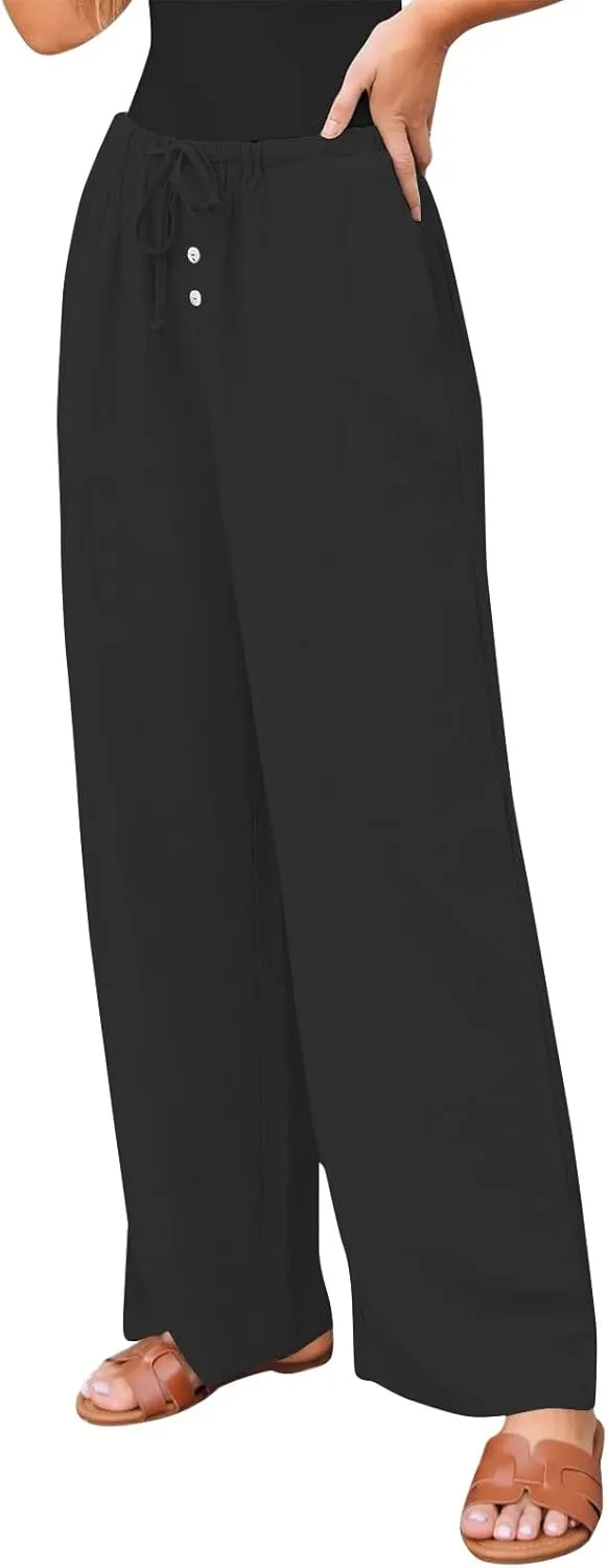 Palazzo Pants for Women Dressy Linen High Waisted Summer Loose Pants Drawstring Button Down Pocket Solid Baggy Trouser