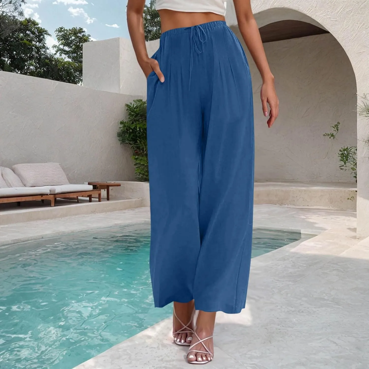 Palazzo Pants for Women Plus Size Wed Leg Palazzo Pants Summer Casual Cotton Linen Lounge Trouser Boho Beach Outfits