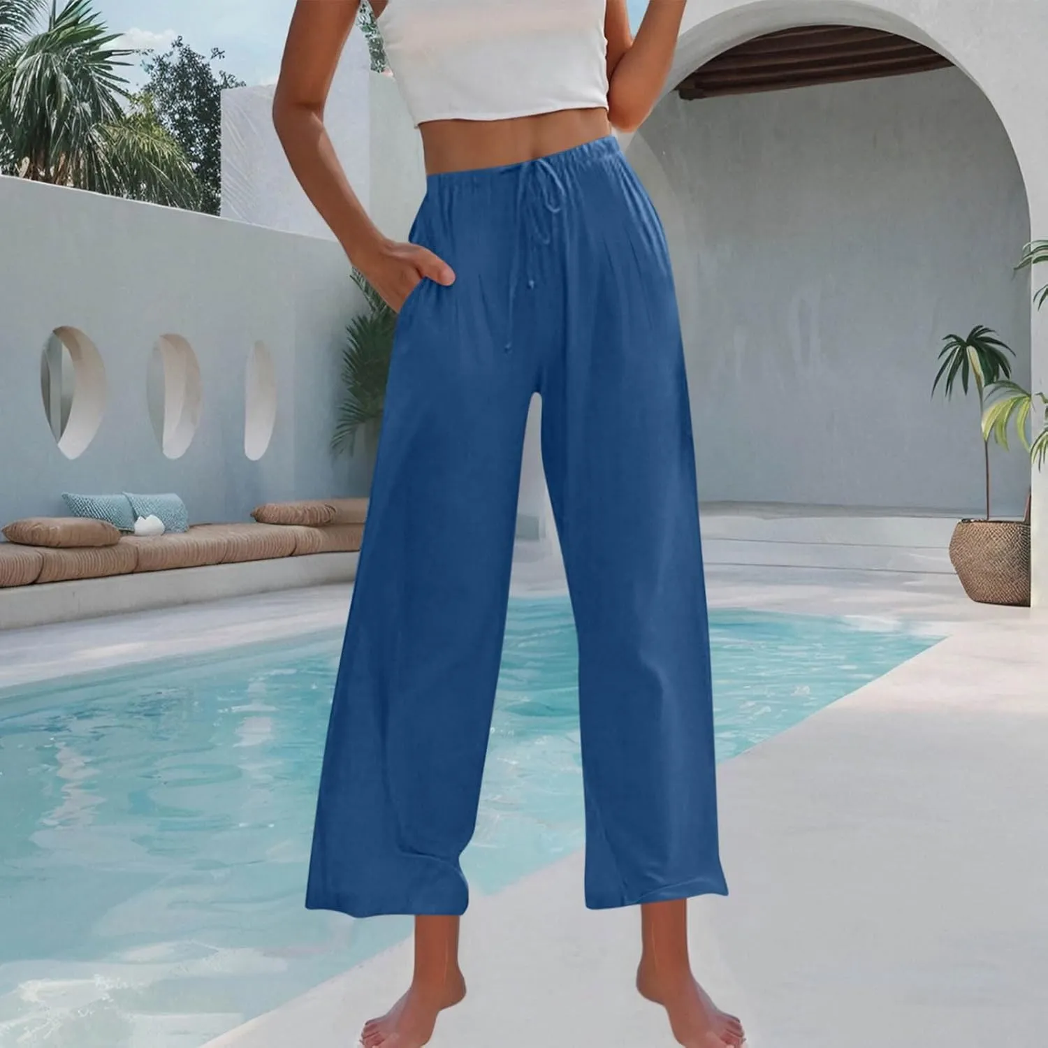 Palazzo Pants for Women Plus Size Wed Leg Palazzo Pants Summer Casual Cotton Linen Lounge Trouser Boho Beach Outfits