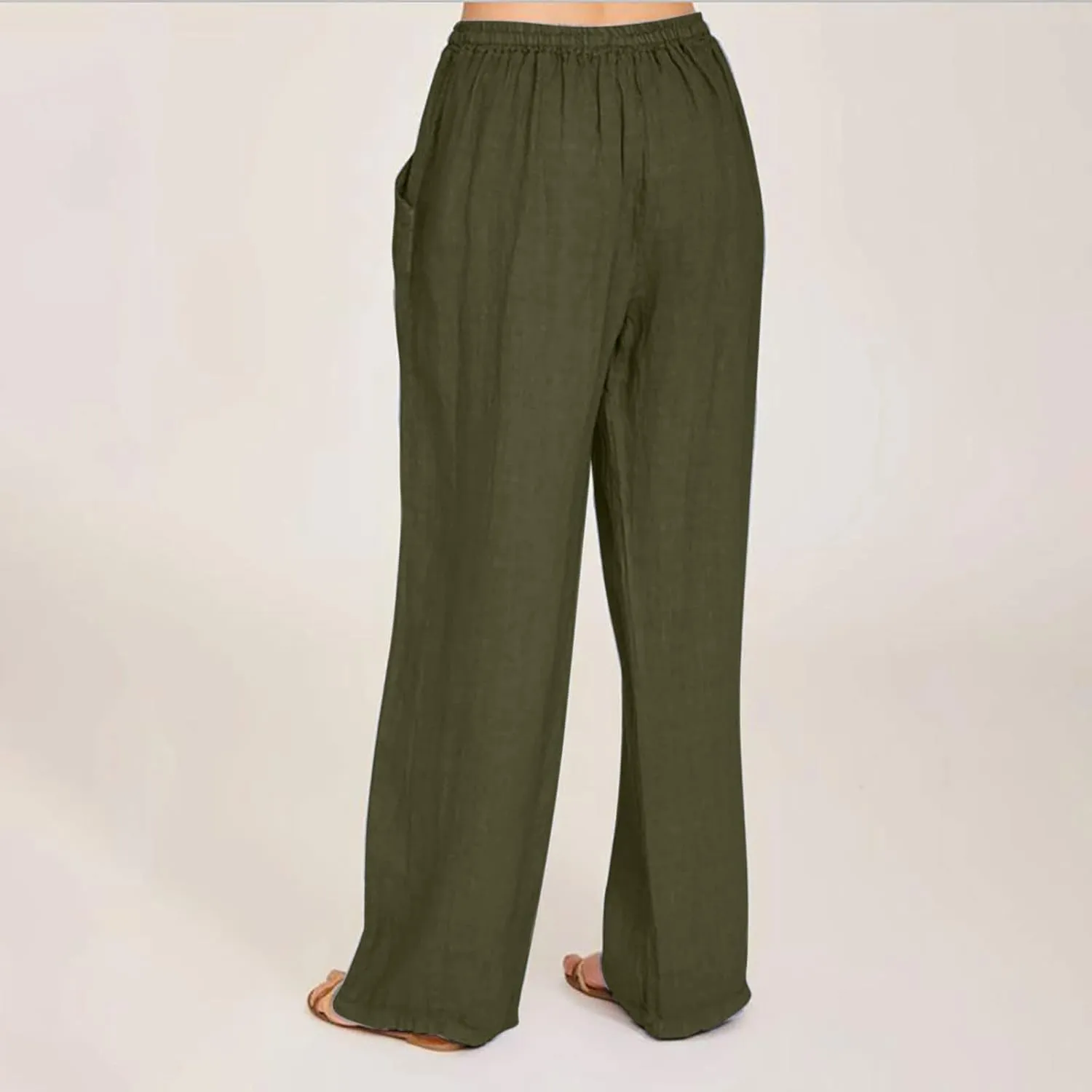 Palazzo Pants for Women Summer High Waisted Flowy Cotton Linen Pants Wide Leg Elastic Loose Trousers with Pockets