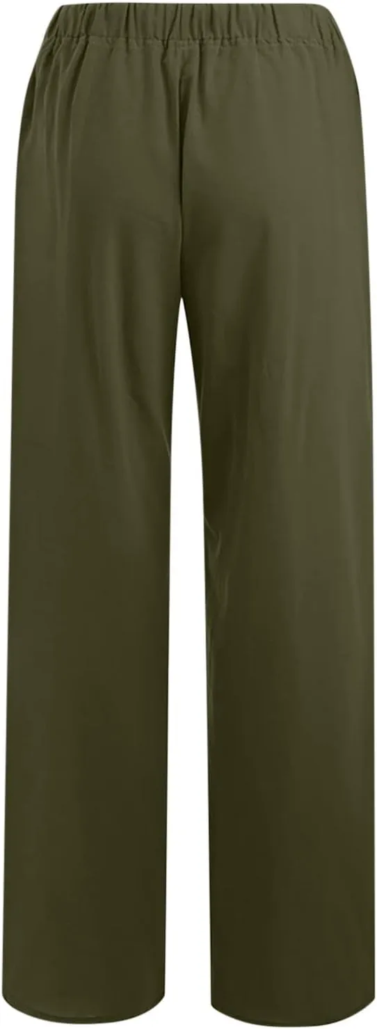 Palazzo Pants for Women Summer High Waisted Flowy Cotton Linen Pants Wide Leg Elastic Loose Trousers with Pockets