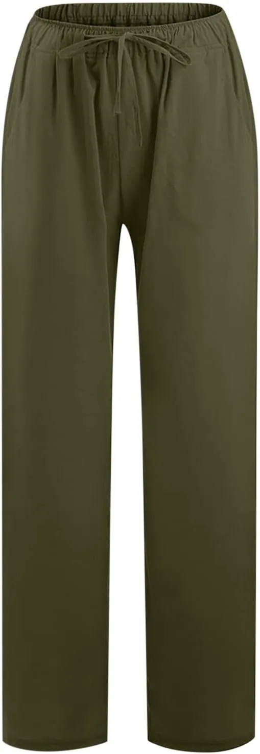 Palazzo Pants for Women Summer High Waisted Flowy Cotton Linen Pants Wide Leg Elastic Loose Trousers with Pockets