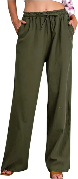 Palazzo Pants for Women Summer High Waisted Flowy Cotton Linen Pants Wide Leg Elastic Loose Trousers with Pockets