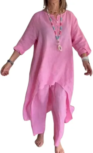 Pant Suits for Women Linen Two Piece Pants Suit Elegant Cotton Linen Long Sleeve Shirts and Wide Leg Pantsuits