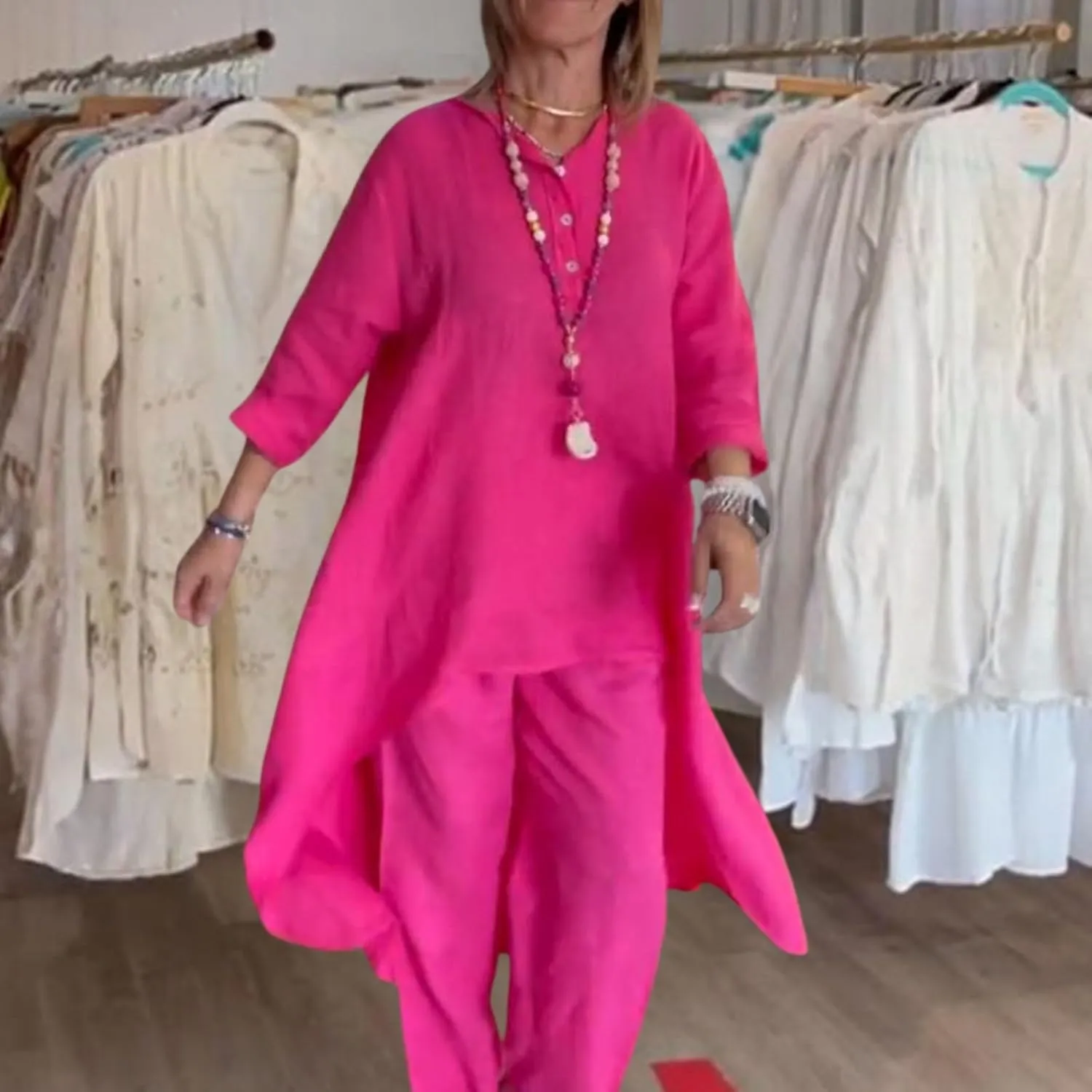 Pant Suits for Women Linen Two Piece Pants Suit Elegant Cotton Linen Long Sleeve Shirts and Wide Leg Pantsuits