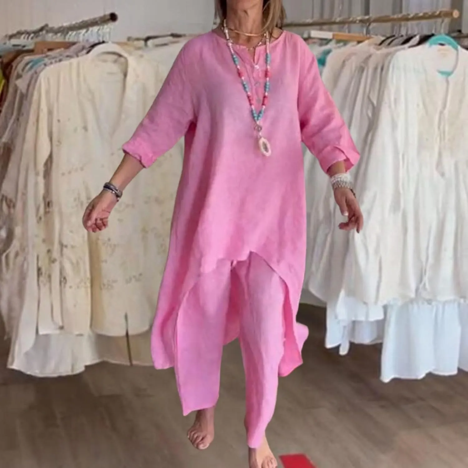 Pant Suits for Women Linen Two Piece Pants Suit Elegant Cotton Linen Long Sleeve Shirts and Wide Leg Pantsuits