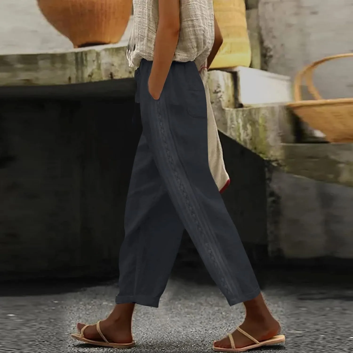 Pants for Women, Stripe Linen Straight Leg Peasant Pants Casual Trendy 2025