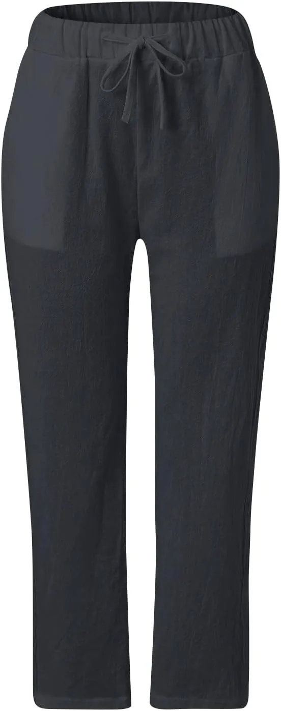 Pants for Women, Stripe Linen Straight Leg Peasant Pants Casual Trendy 2025