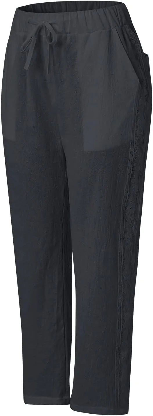 Pants for Women, Stripe Linen Straight Leg Peasant Pants Casual Trendy 2025